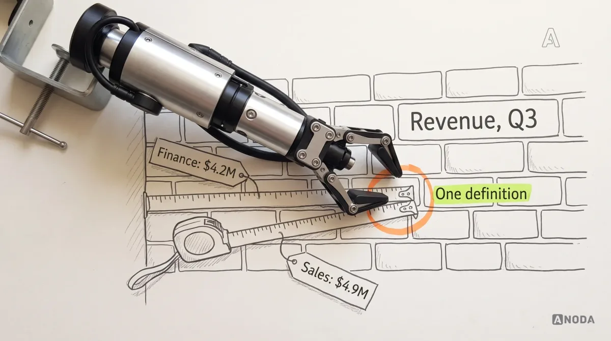 Mixed-media illustration: a drawn brick wall labelled “Revenue, Q3” with two drawn tape measures stretched along it, one tagged “Finance: $4.2M” and one tagged “Sales: $4.9M”, the gap between their ends circled in orange; a real steel arm presses the two tape ends together against the wall beside a lime label reading “One definition”.