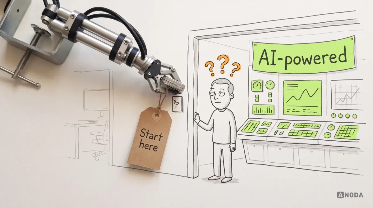 Mixed-media illustration: a drawn user stands with orange question marks in the doorway of a control room packed with lime panels and an “AI-powered” banner; a real steel arm hangs a real paper tag reading “Start here” beside one small panel.