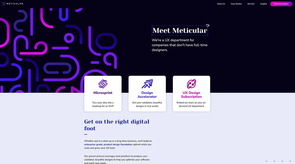 Illustration of a contemporary website layout emphasizing UX design agencies, pricing, and research-driven digital solutions.