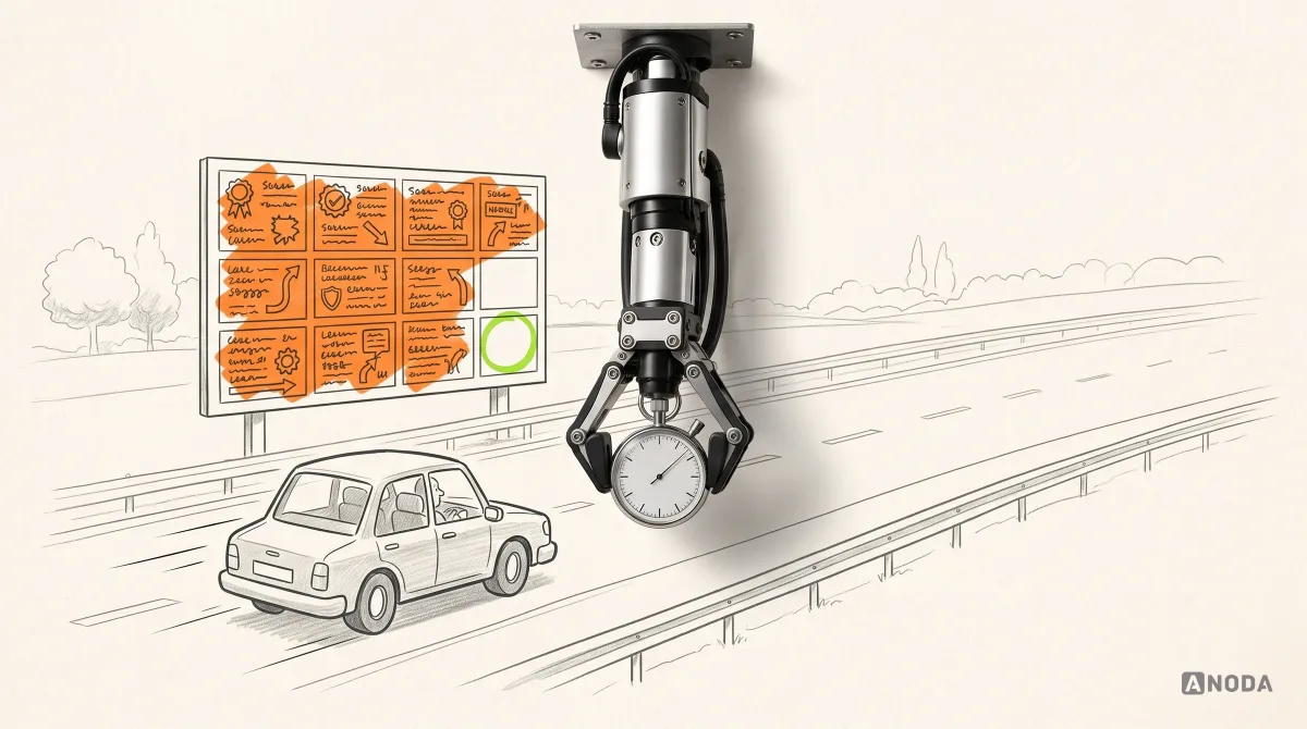 Mixed-media illustration: a drawn car speeds along a motorway past a billboard crammed with a dozen orange-marked messages and one empty lime-circled spot, while a real steel arm from the top holds a real stopwatch
