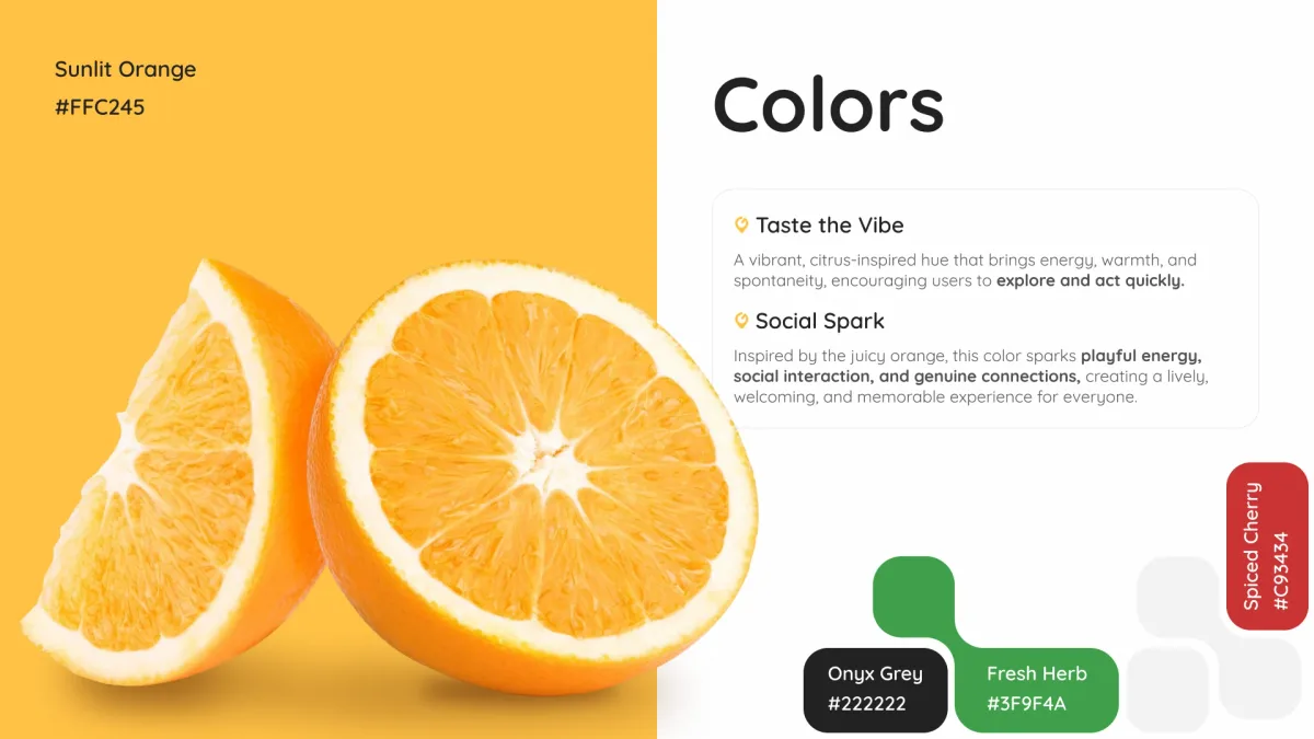 Brand book page, Colors: Sunlit Orange beside a halved orange, with Onyx Grey, Fresh Herb and Spiced Cherry
