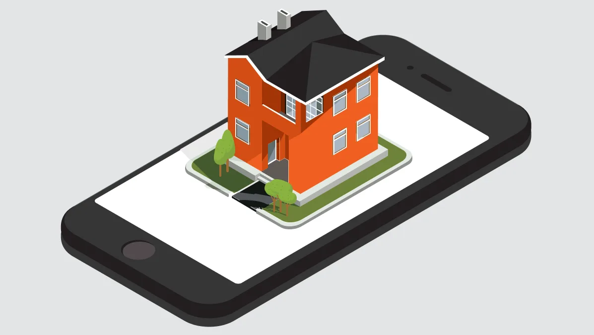 An illustration depicting a house displayed on a smartphone screen, symbolizing modern technology in real estate.