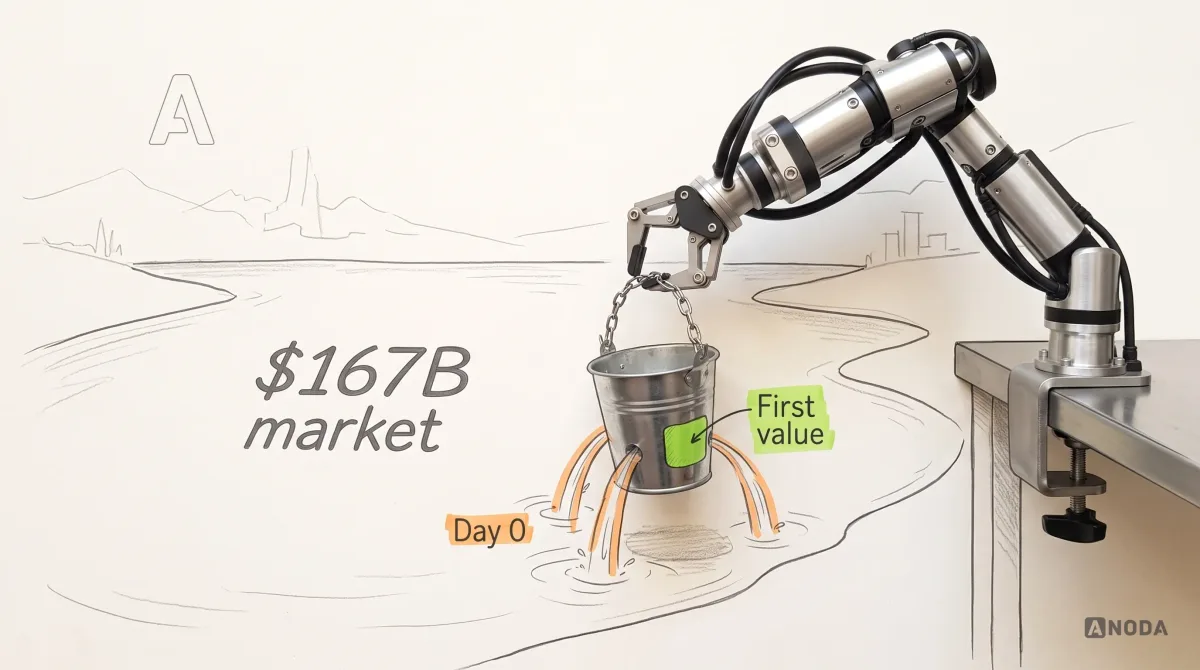Mixed-media illustration: a drawn lake labelled “$167B market” fills the paper; a real steel robotic arm entering from the right on a table clamp lowers a real small metal bucket on a chain into the water, and drawn streams of water run out through holes in the bucket, marked in orange with the label “Day 0”; one hole is covered by a lime patch labelled “First value”.