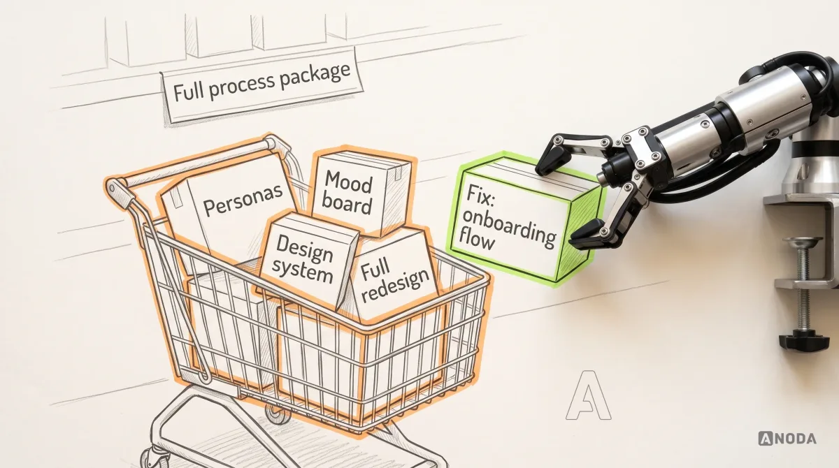 Mixed-media illustration: a drawn supermarket trolley overflows with boxes labelled “Personas”, “Mood board”, “Design system” and “Full redesign”, outlined in orange, under a drawn shelf tag reading “Full process package”; a real steel robotic arm reaching in from the right lifts out one small box highlighted in lime and labelled “Fix: onboarding flow”.