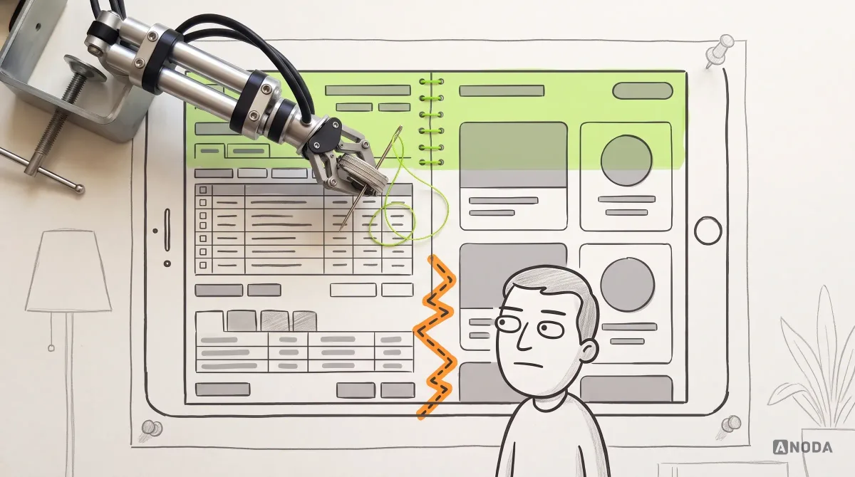 Mixed-media illustration: a drawn app screen split down the middle into an old cluttered half and a clean new half that do not line up, a puzzled drawn user in front, and a real steel arm with a real needle and lime thread that has stitched the top of the seam together while the lower seam is still offset in orange.