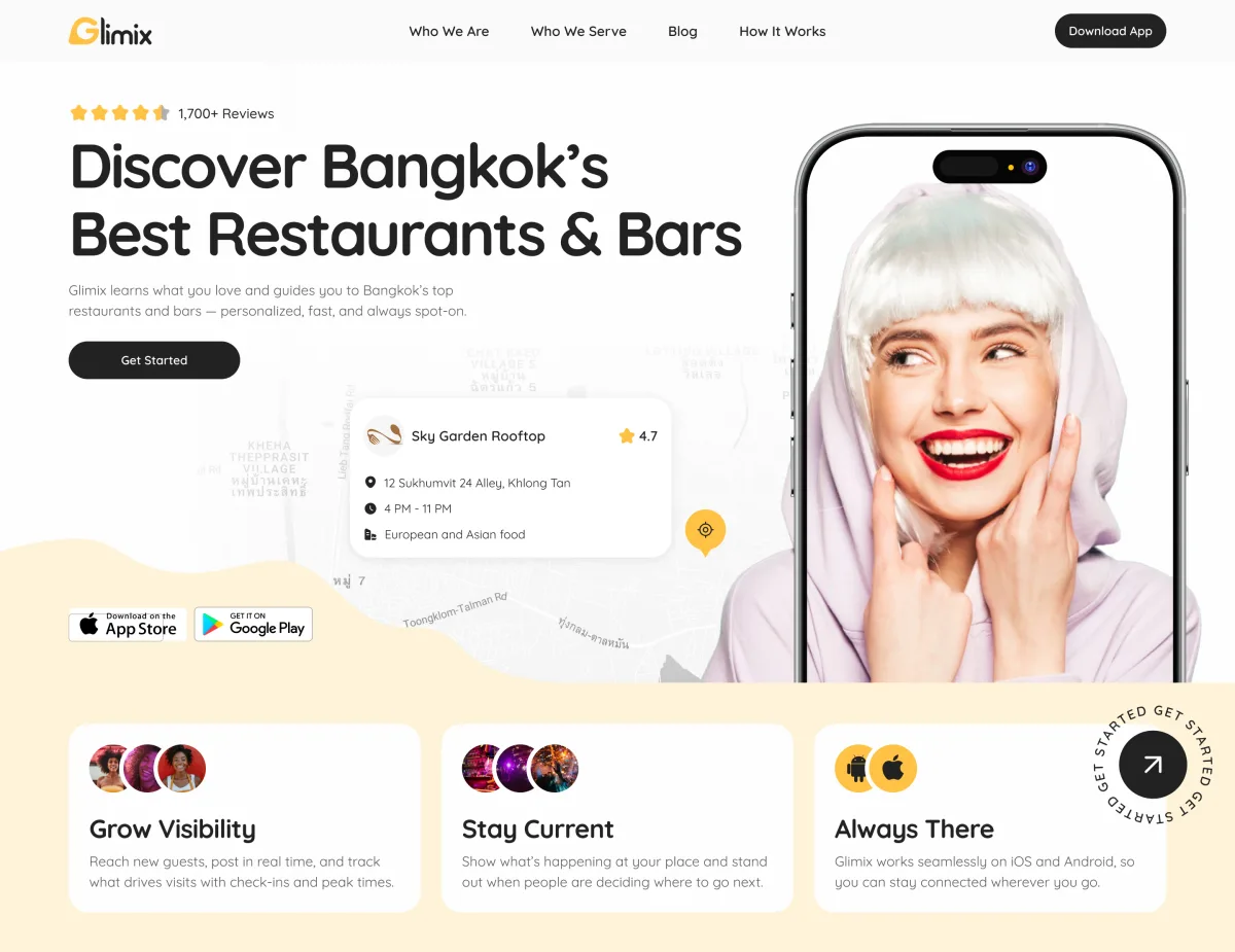 Glimix landing page hero: a headline about the city’s best restaurants and bars, the app on a phone, store badges, and three cards for venues