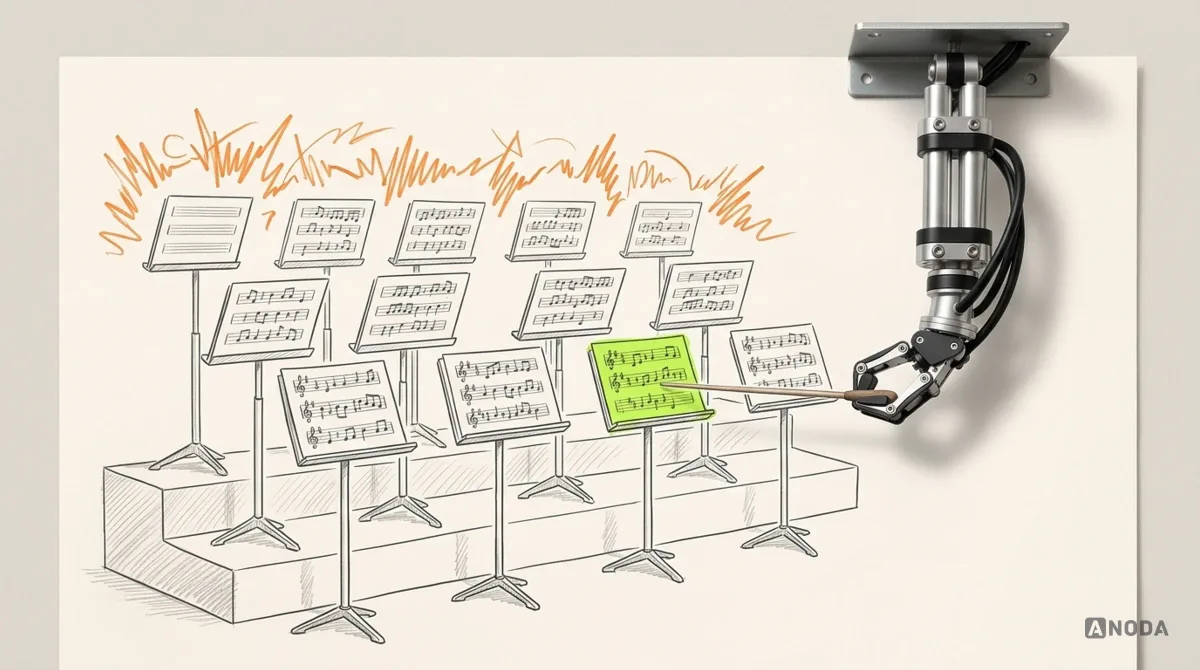 Mixed-media illustration: drawn music stands on a choir riser, each holding a different score under orange scribbles of noise, while a real steel arm points a real conductor’s baton at the one lime-marked score