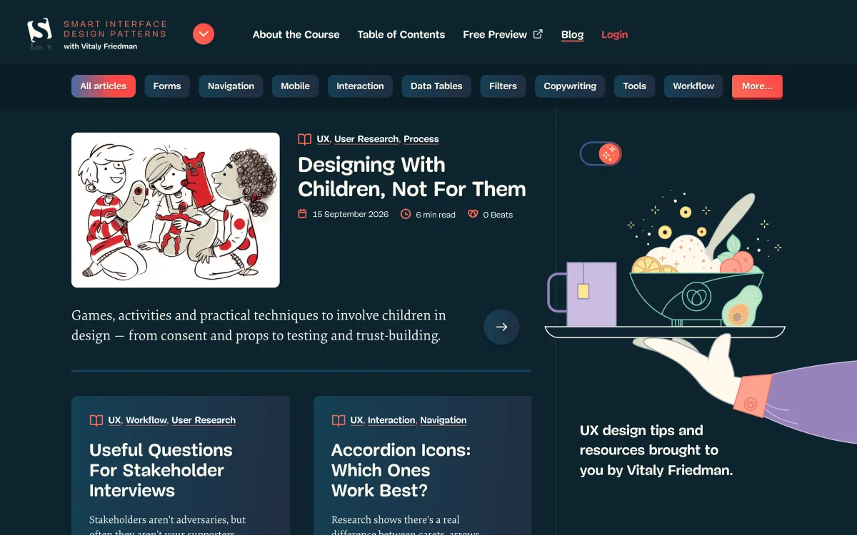 Smart Interface Design Patterns article listing: a dark-themed page with category filters such as forms, navigation, data tables and filters, and a featured article “Designing With Children, Not For Them”.