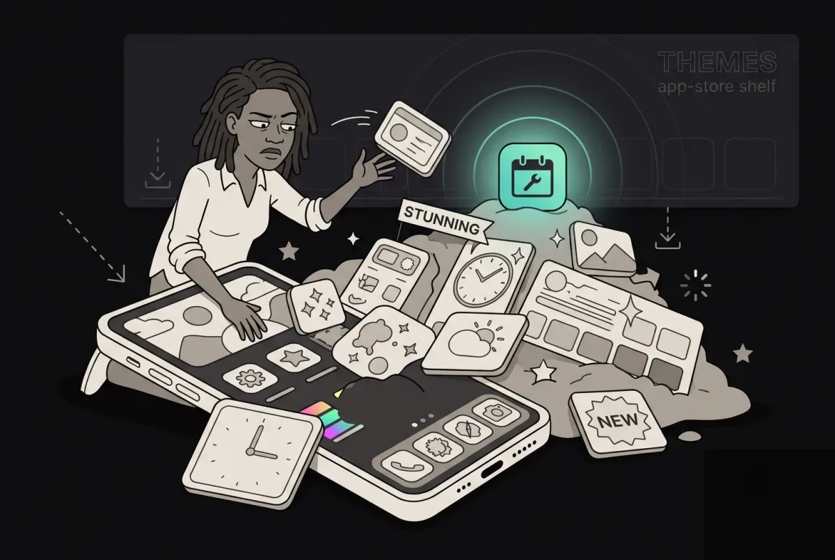 Illustration of a designer arranging app icons, theme cards and phone interfaces
