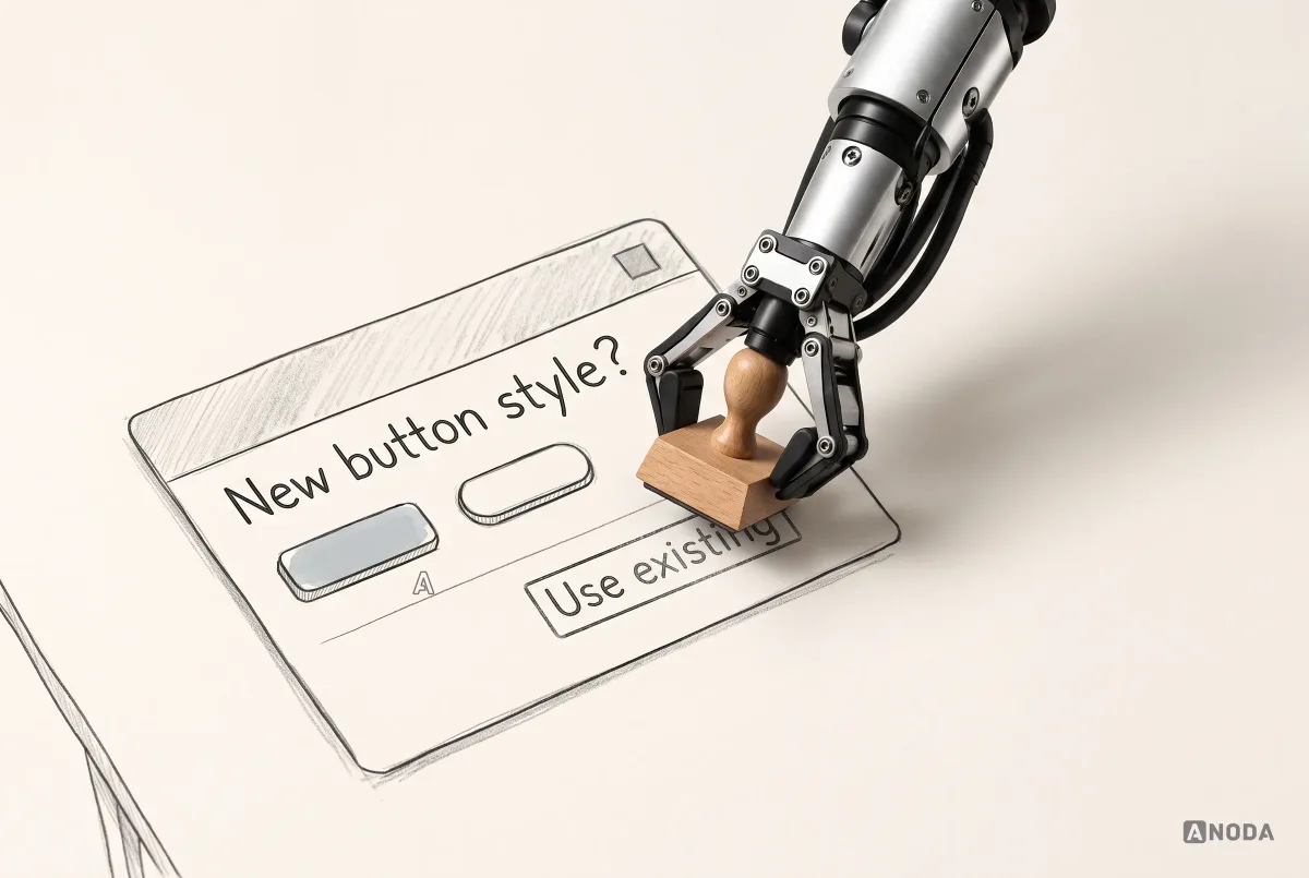A steel robotic hand presses a real wooden rubber stamp onto a drawn change-request card titled ‘New button style?’, leaving the mark ‘Use existing’.