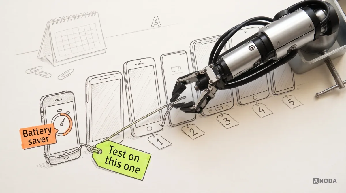 Mixed-media illustration: a row of drawn phones of very different sizes and ages is lined up like a hire-car fleet with numbered tags, and on the oldest, smallest one a drawn workout timer is cut off by an orange label “Battery saver”; a real steel robotic arm reaching in from the right edge ties a lime tag “Test on this one” to it.