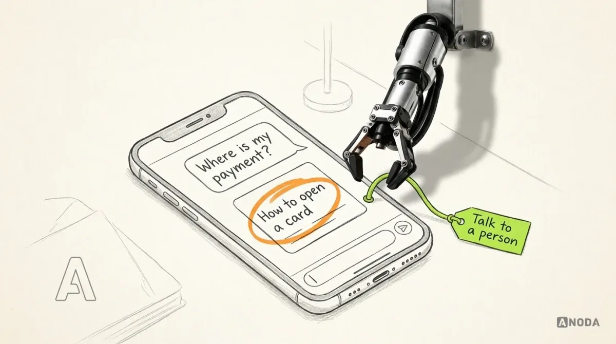 Mixed-media illustration: a drawn smartphone shows a banking chat where the question "Where is my payment?" gets a help-article card "How to open a card" circled in orange; a real steel robotic arm hanging from the top pulls a lime cord from the side of the phone ending in a tag "Talk to a person".