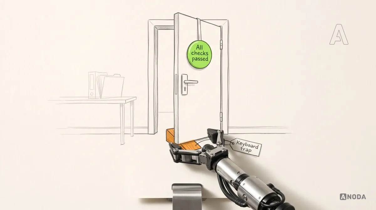 Mixed-media illustration: a drawn fire door stamped with a lime “All checks passed” badge is held open by an orange drawn wedge labelled “Keyboard trap”; a real steel robotic arm from the bottom edge pulls the wedge out.