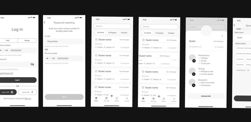 Grayscale mobile wireframes showing login, password reset, quest lists, and quest details.