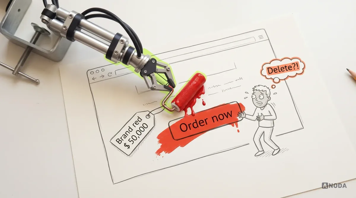 Mixed-media illustration: a real steel arm rolls a drawn paint roller dripping red over a big “Order now” button on a web page, a drawn price tag reads “Brand red $50,000”, and a small drawn user recoils with a thought bubble reading “Delete?!”.