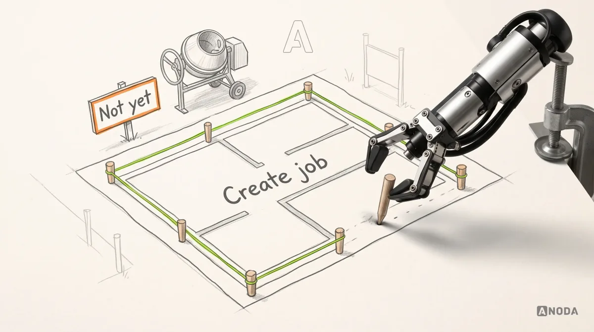 Mixed-media illustration: a drawn building plot seen from above, with a floor plan marked out by wooden pegs and lime string labelled “Create job”; at the edge a drawn concrete mixer waits behind an orange sign reading “Not yet”, and a real steel robotic arm entering from the right on a table clamp pushes one real wooden peg into a new position.