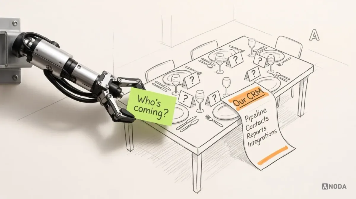 Mixed-media illustration: a drawn dinner table where every place card shows a question mark, beside a long shopping list headed “Our CRM” reading “Pipeline”, “Contacts”, “Reports”, “Integrations”; a real steel arm from a wall bracket sets down a lime index card reading “Who’s coming?”.