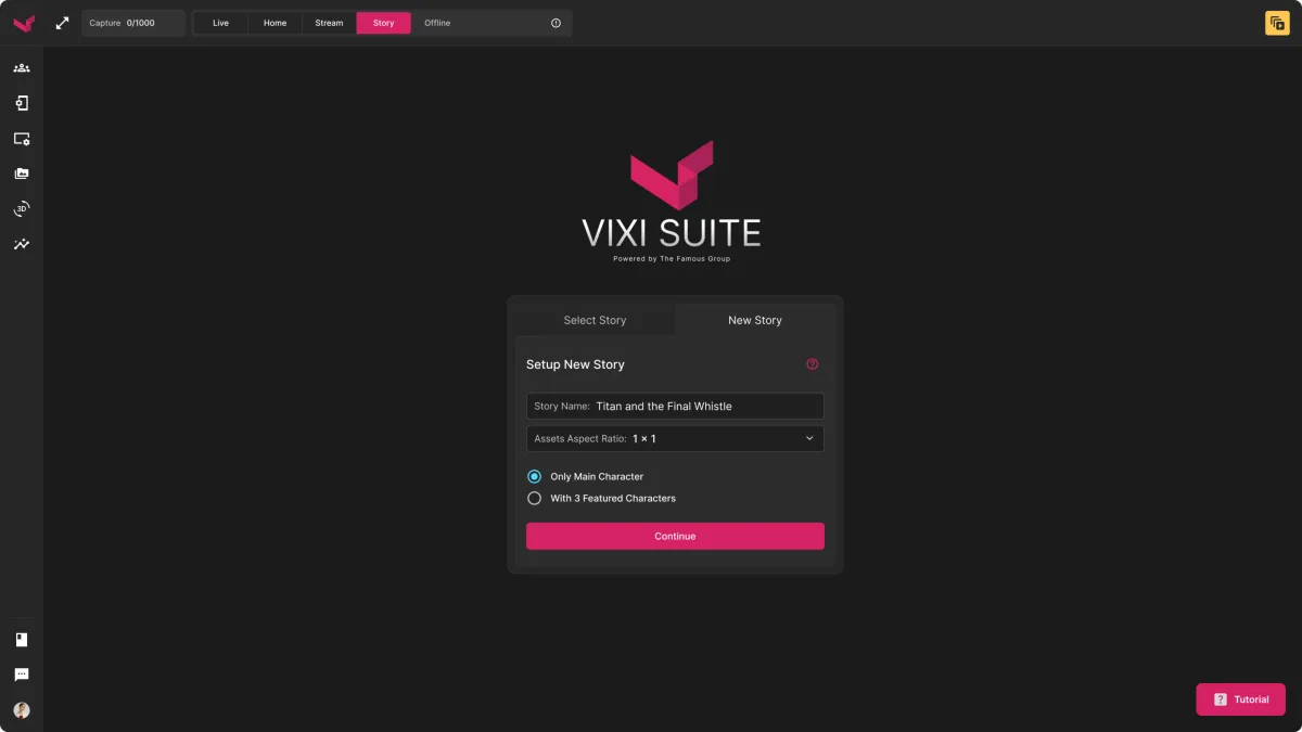 Setup New Story dialog on the Vixi Suite start screen: story name, aspect ratio and character mode