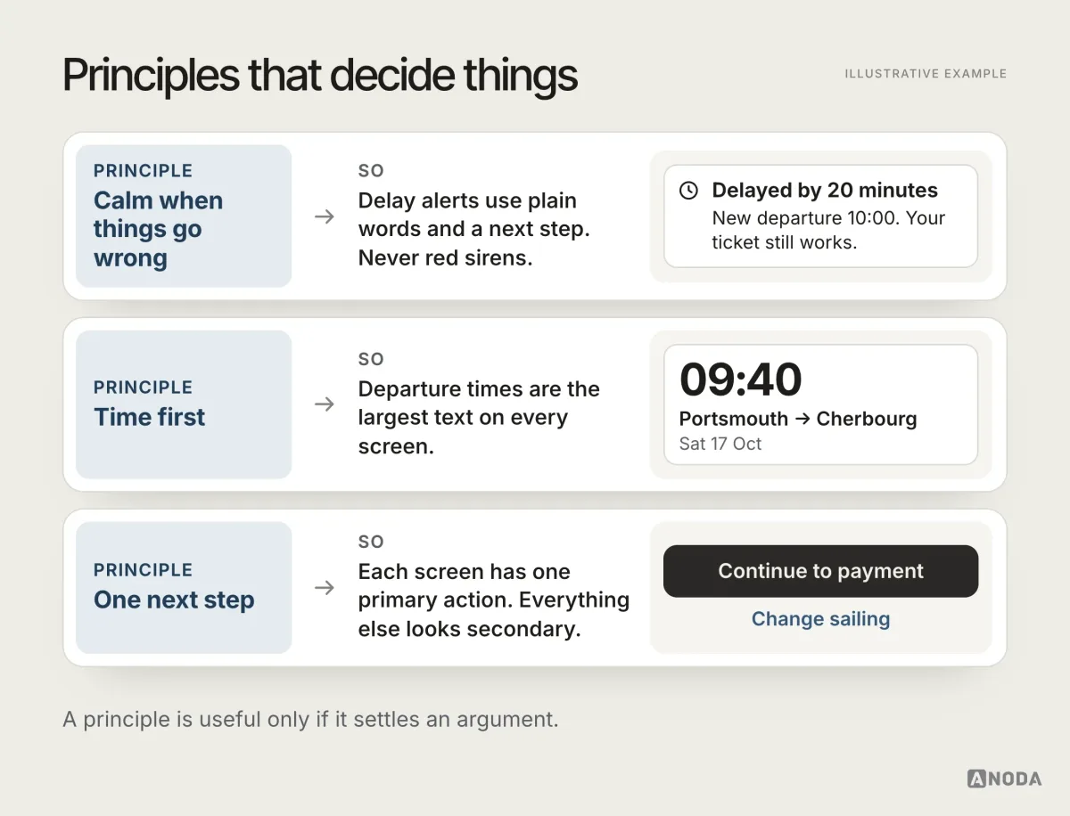 Three Harbourline principles, each with its decision and a sample: ‘Calm when things go wrong’ shows a plain delay notice, ‘Time first’ shows a card with 09:40 as the largest text, and ‘One next step’ shows one filled button above a text link.