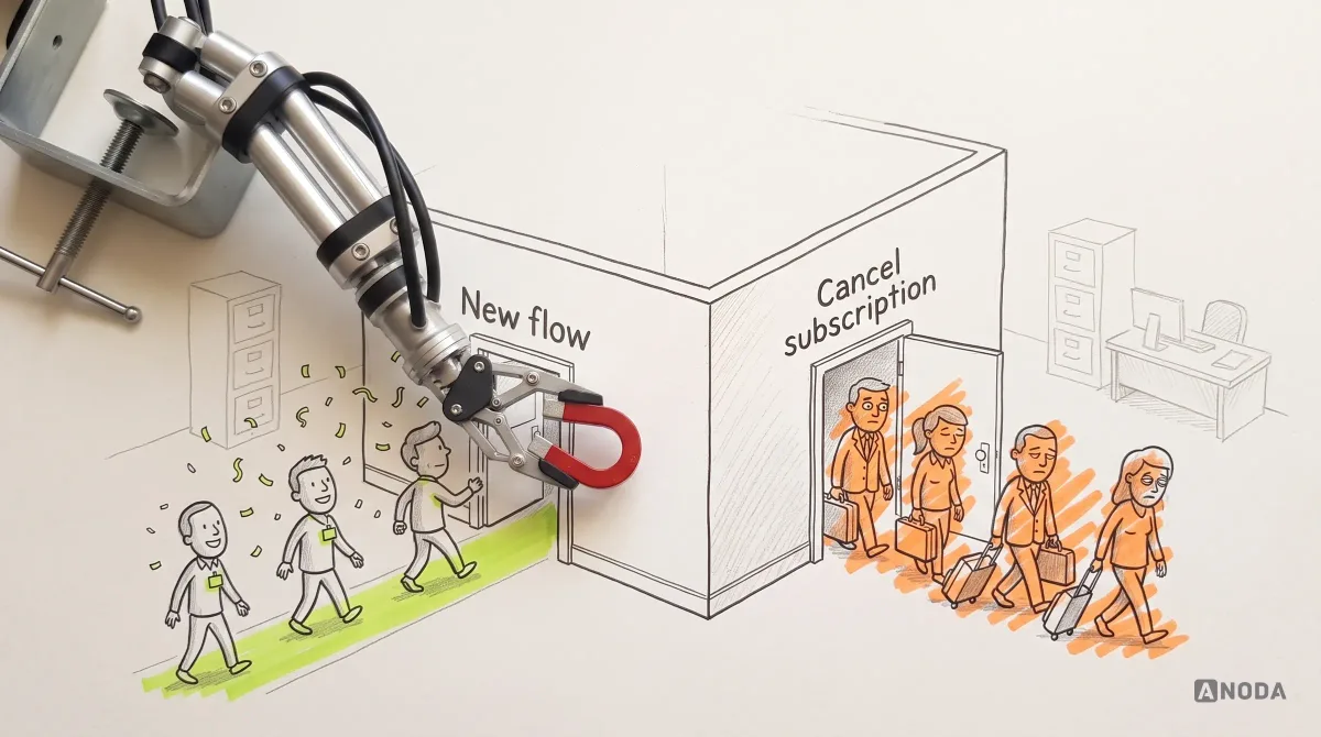 Mixed-media illustration: a cut-away building where new users with lime badges walk happily through a front door labelled “New flow” under confetti while long-time users carrying suitcases leave through a back door labelled “Cancel subscription”, highlighted orange; a real steel arm holds a real horseshoe magnet beside the front door.