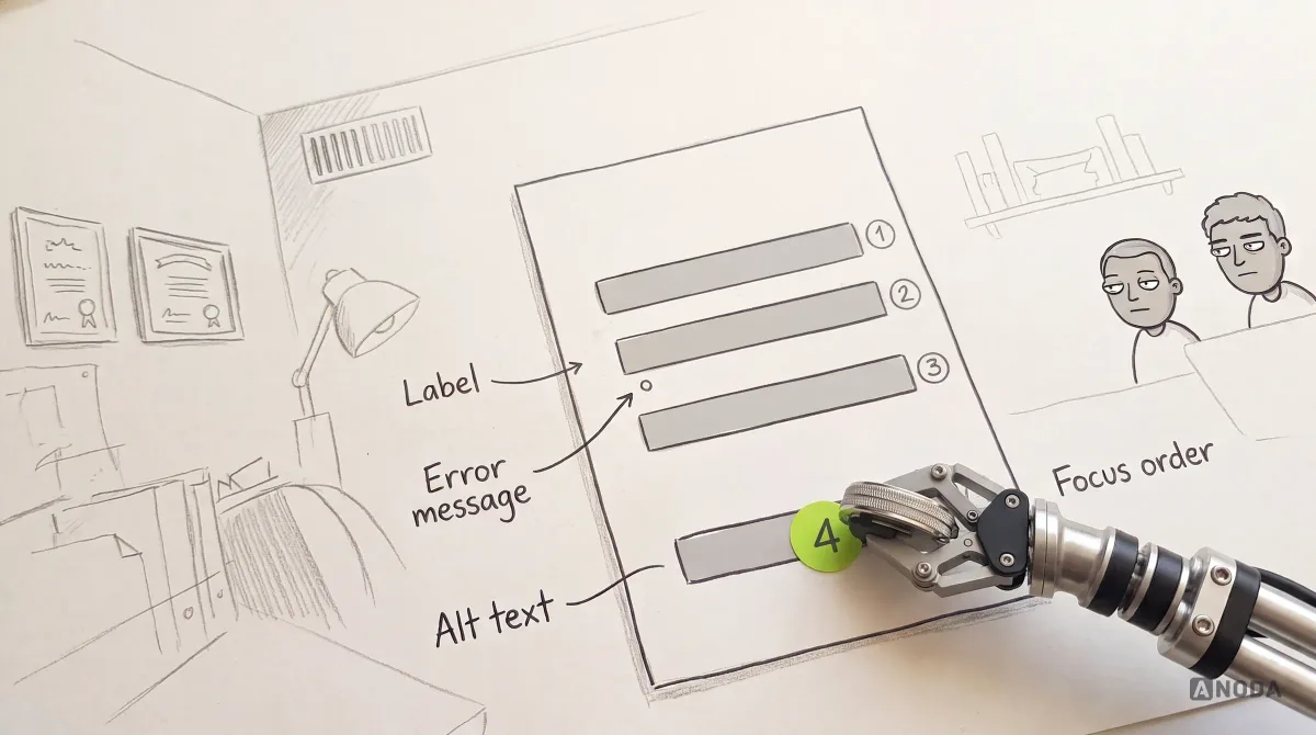 Mixed-media illustration: a drawn form design pinned to paper with hand-lettered callouts for “Label”, “Error message”, “Focus order” and “Alt text” and numbered focus circles, while a real steel arm presses a real lime sticker dot numbered 4 onto the button.