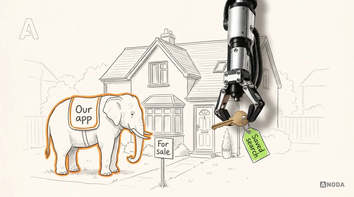 Mixed-media illustration: a drawn house with a "For sale" sign in its front garden, where a large drawn white elephant stands wearing a saddle cloth shaped like an app icon labelled "Our app", outlined in orange; a real steel robotic arm hanging from the top edge holds a real brass house key with a lime paper tag reading "Saved search" out towards the front door.