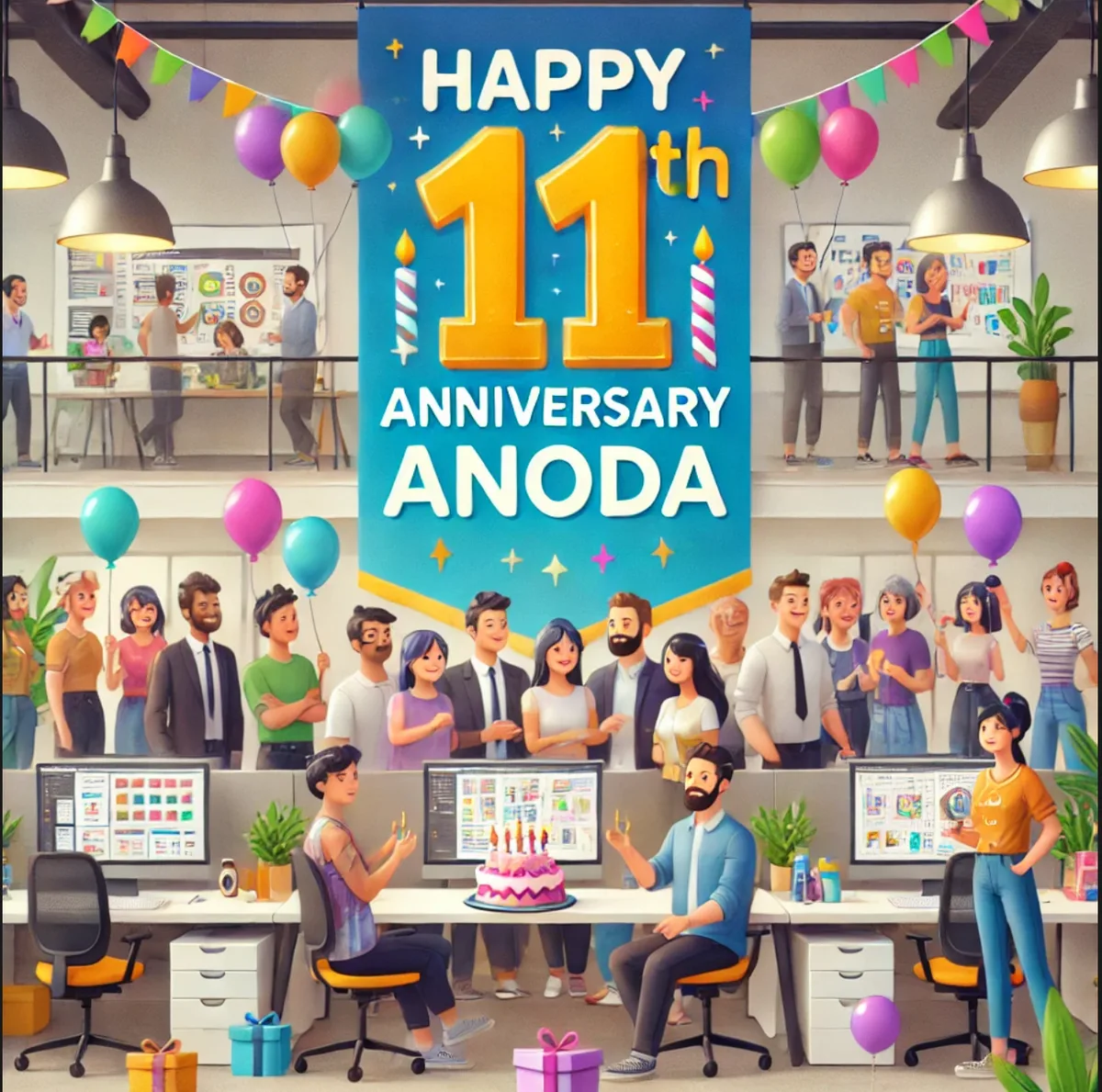 Celebrating 11 years of ANODA’s success in UI/UX design with a joyful anniversary message.