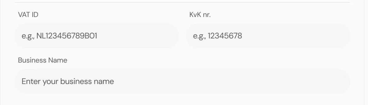 The business fields of the details step: VAT ID, KvK number and business name