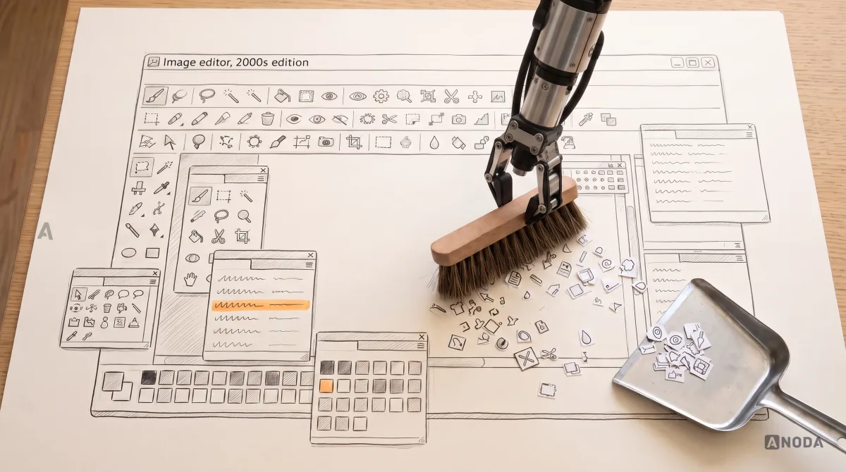 Mixed-media illustration: a drawn old desktop software window labelled “Image editor, 2000s edition” crammed with toolbars, tiny icons and floating palettes; a real steel arm sweeps a pile of drawn icons off the window into a small real dustpan with a hand brush.