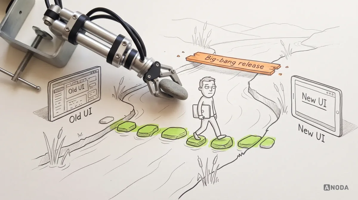 Mixed-media illustration: a drawn user carrying a laptop crosses a river from “Old UI” to “New UI” on stepping stones highlighted lime, while a real steel arm brings the next real stone; upstream, a broken single plank labelled “Big-bang release” is highlighted orange.