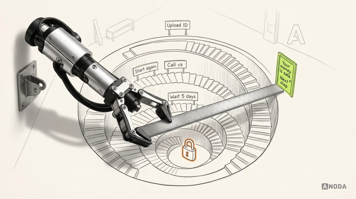 Mixed-media illustration: a drawn spiral staircase winds down into the paper with landings labelled “Upload ID”, “Call us”, “Wait 5 days” and “Start again” around a small orange padlock; a real steel robotic arm lays a straight steel ruler across the spiral as a bridge from the padlock to a lime door labelled “Your money is safe. Next step”.