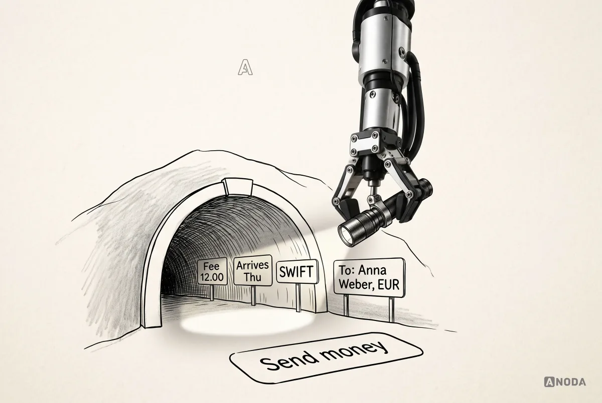 Mixed-media illustration: a real steel arm shines a small torch into a drawn tunnel behind a “Send money” button, lighting signs reading “Fee 12.00”, “Arrives Thu”, “SWIFT” and “To: Anna Weber, EUR”.