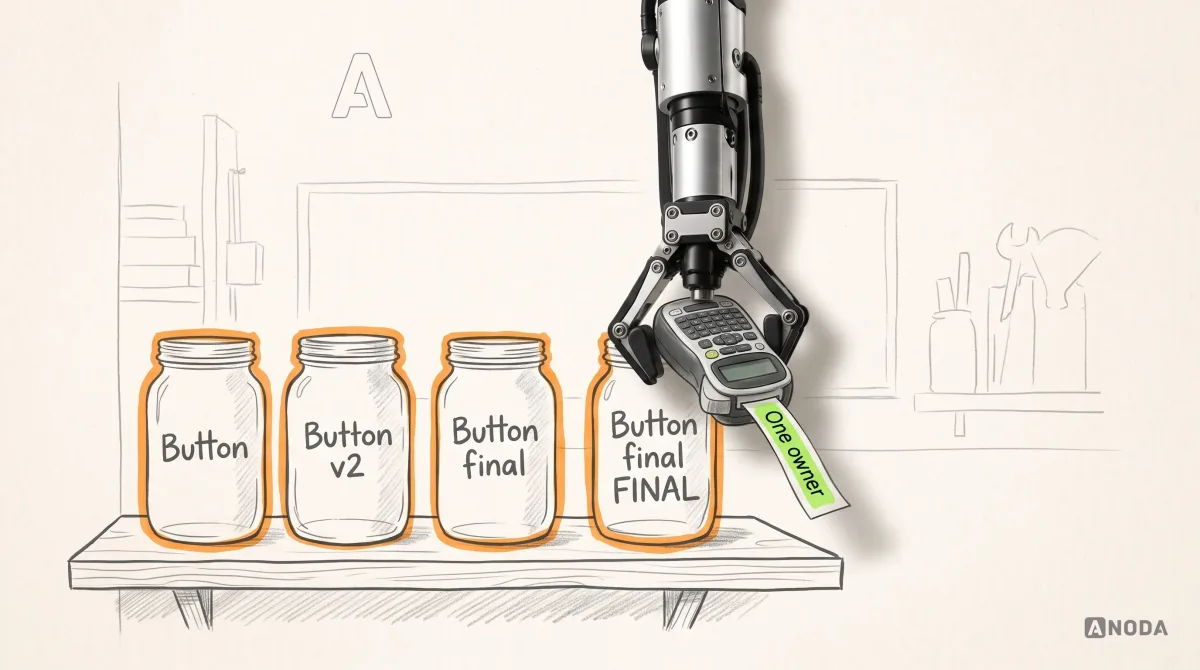 Mixed-media illustration: a drawn shelf holds jars labelled “Button”, “Button v2”, “Button final” and “Button final FINAL”, outlined in orange; a real steel robotic arm hanging from the top holds a real handheld label maker that prints a lime label strip reading “One owner”.