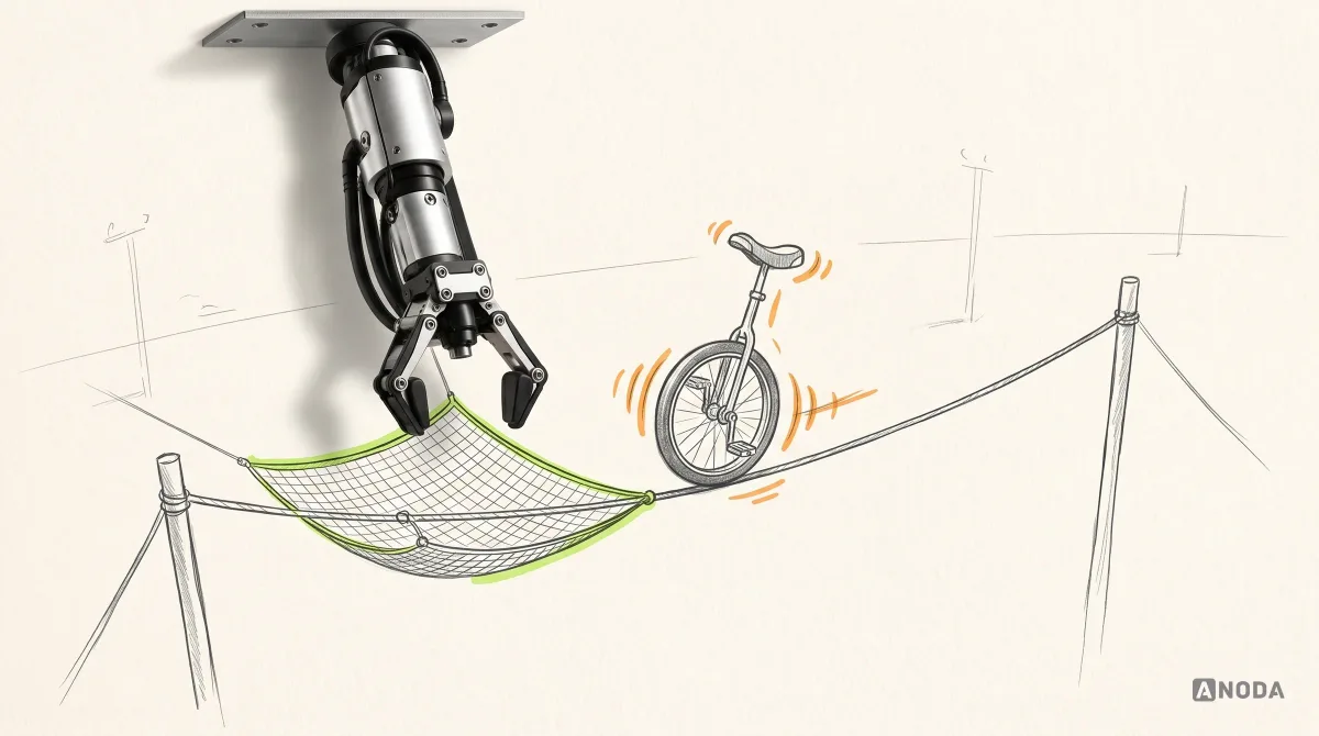 Mixed-media illustration: a drawn unicycle wobbles on a circus tightrope with orange motion lines, while a real steel arm from the top holds a lime-edged safety net under the wire